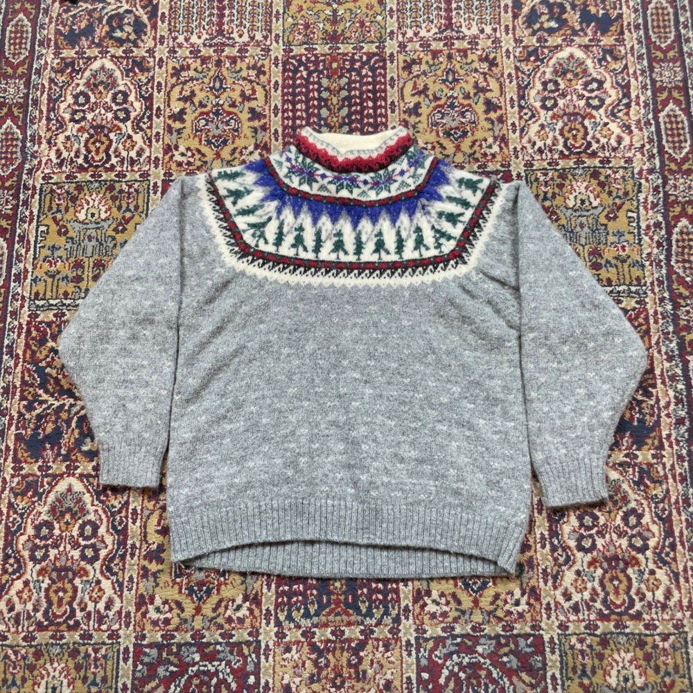 VTG 80s 90s Eddie Bauer Fair Isle Alpine Wool Birdseye Gray Sweater S Felted